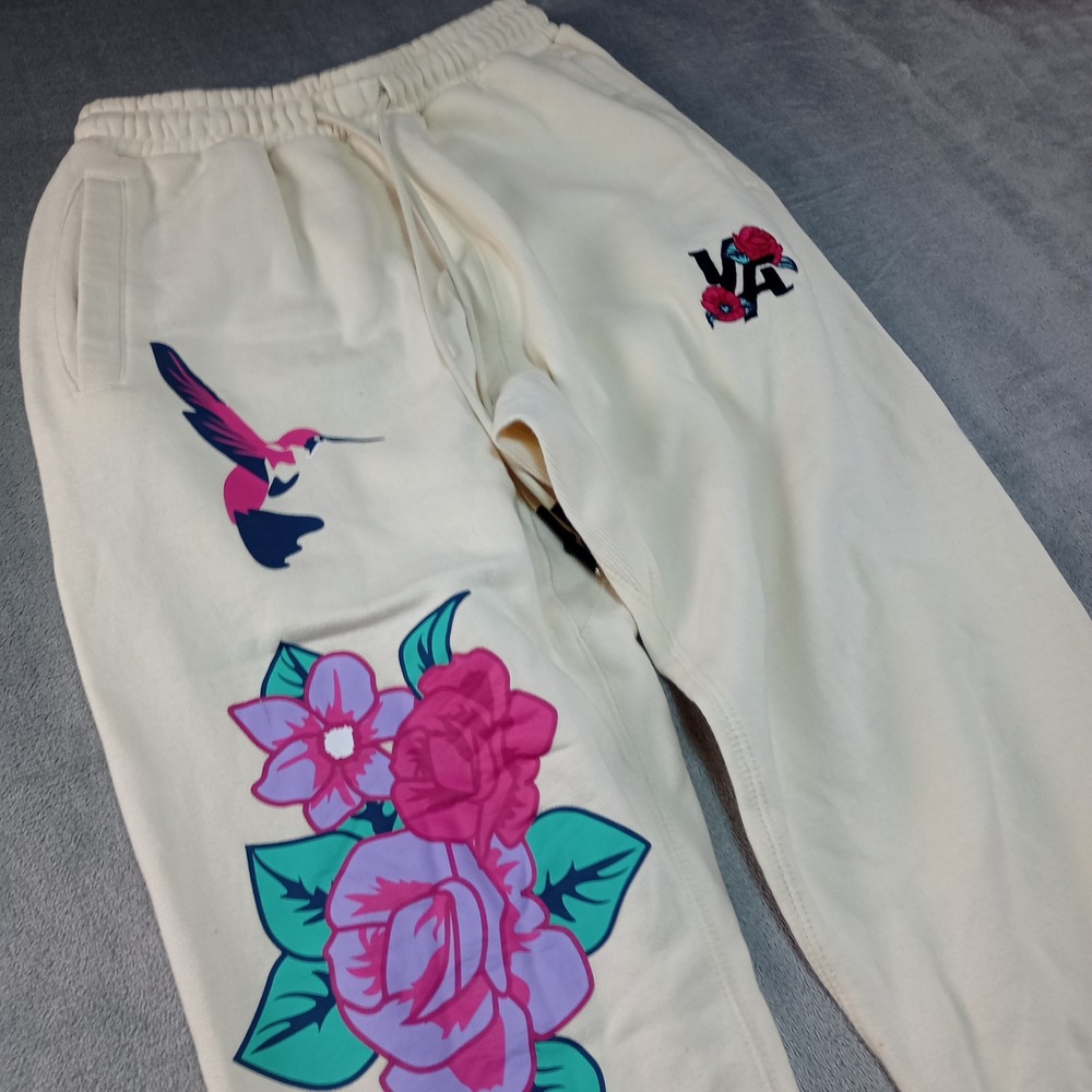YoungLA Sweatpants Mens Medium Cream Floral Hummingbird Joggers YLA2187 Street